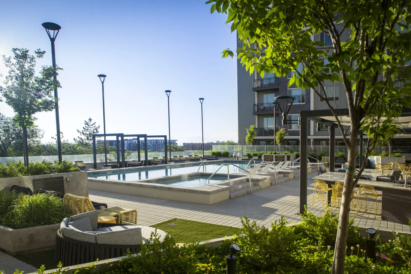 Park Avenue pool deck overview with structured amenity layout