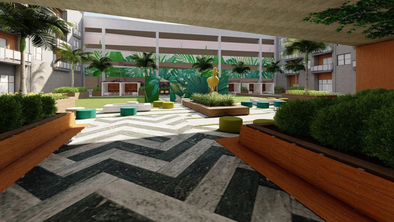 Urban Mixed-Use, concept rendering of the courtyard amenities